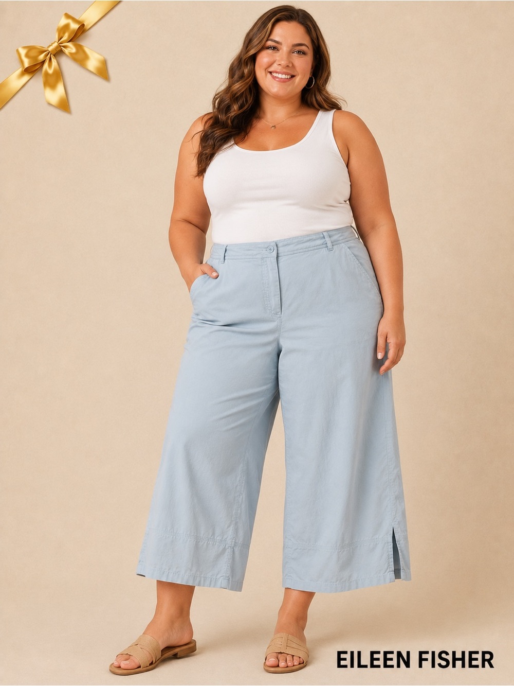EILEEN Fisher Woman Dusty Blue Cotton Split Ankle Pants Wide Leg High Rise Sz 1X